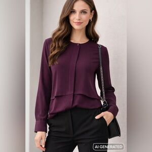 Theory 100% Silk Plum Minimalist Blouse Layered Front Long Sleeve M